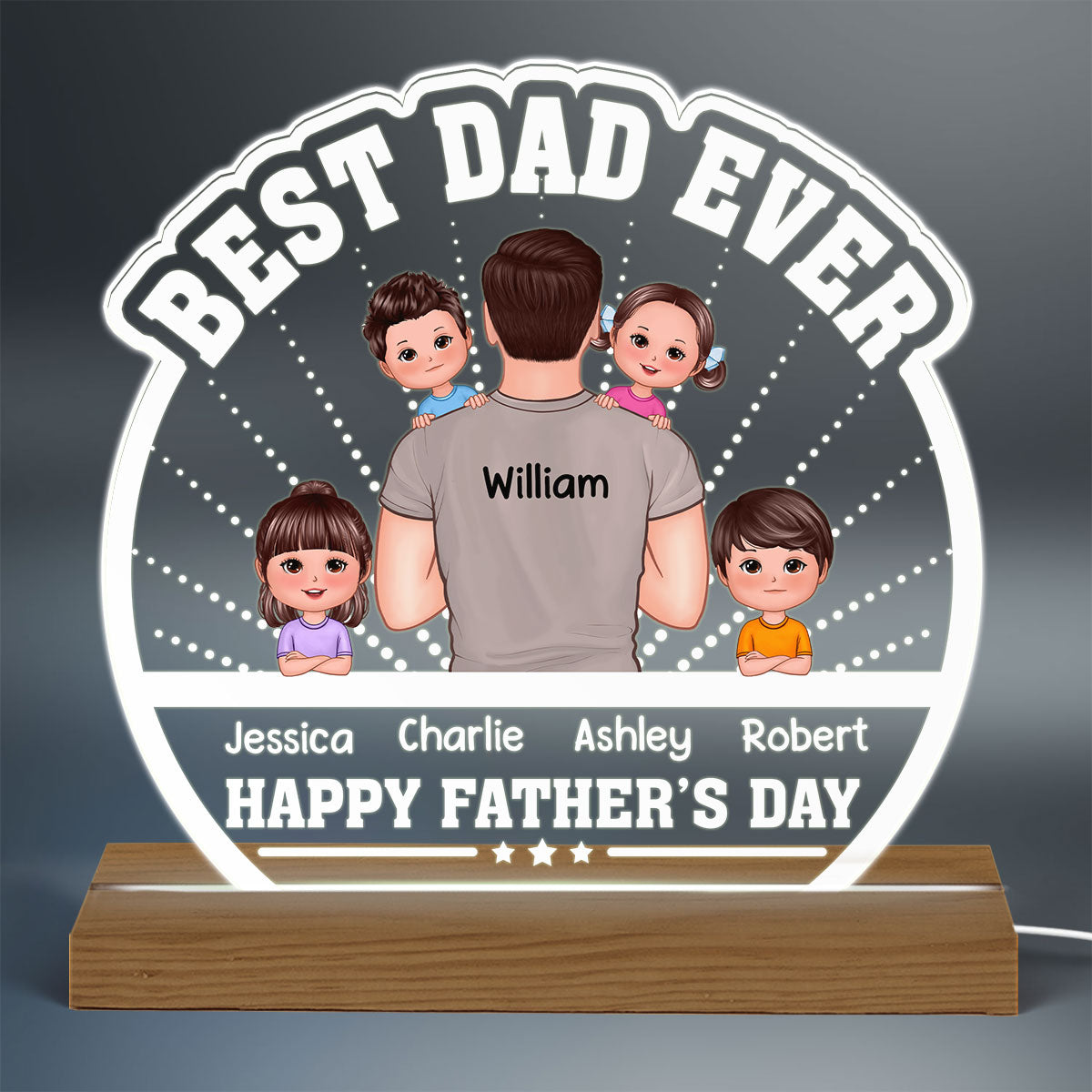 Best Dad Ever Back View Dad Holding Kids Personalized Custom Shaped Acrylic Plaque With Warm LED Night Light