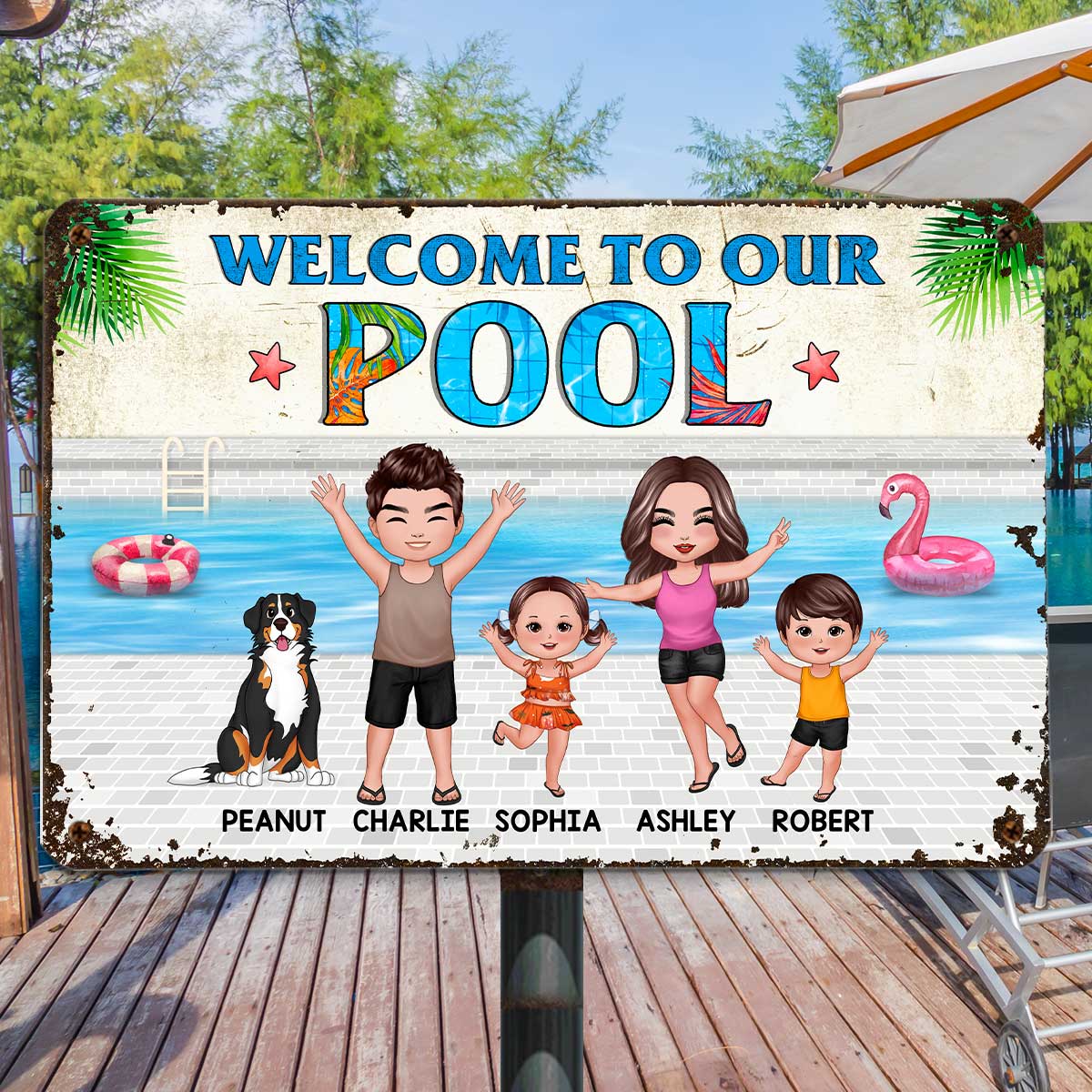 Summer Welcome To Our Pool Whole Family Doll Couple Dad Mom Kids Dogs Cats Personalized Metal Sign