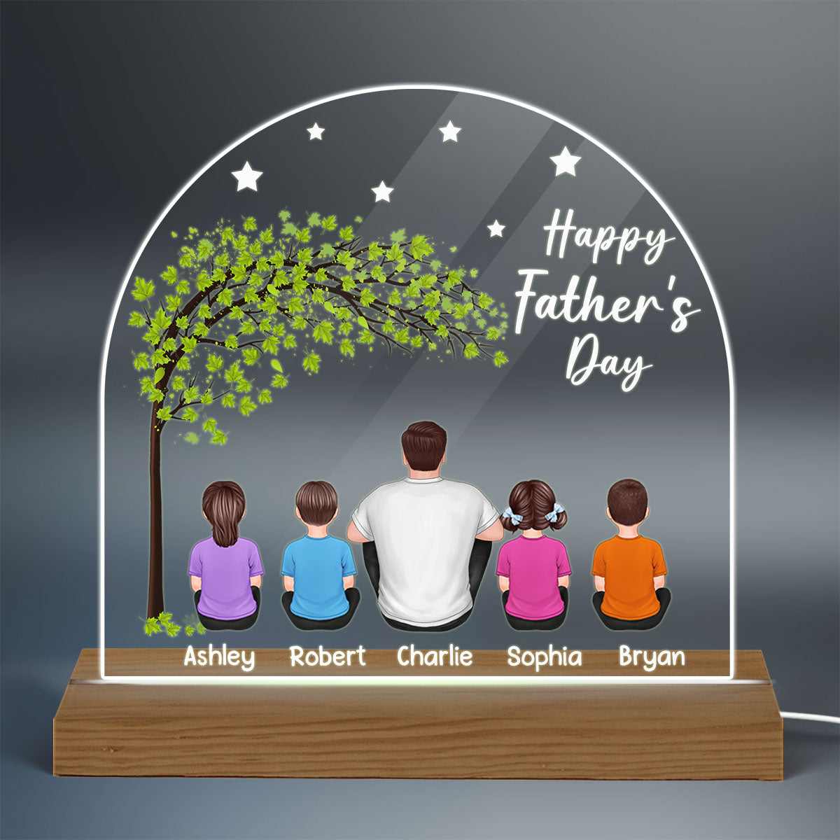 Happy Father‘s Day Dad And Kids Sitting Under Tree Personalized Custom Shape Warm LED Night Light