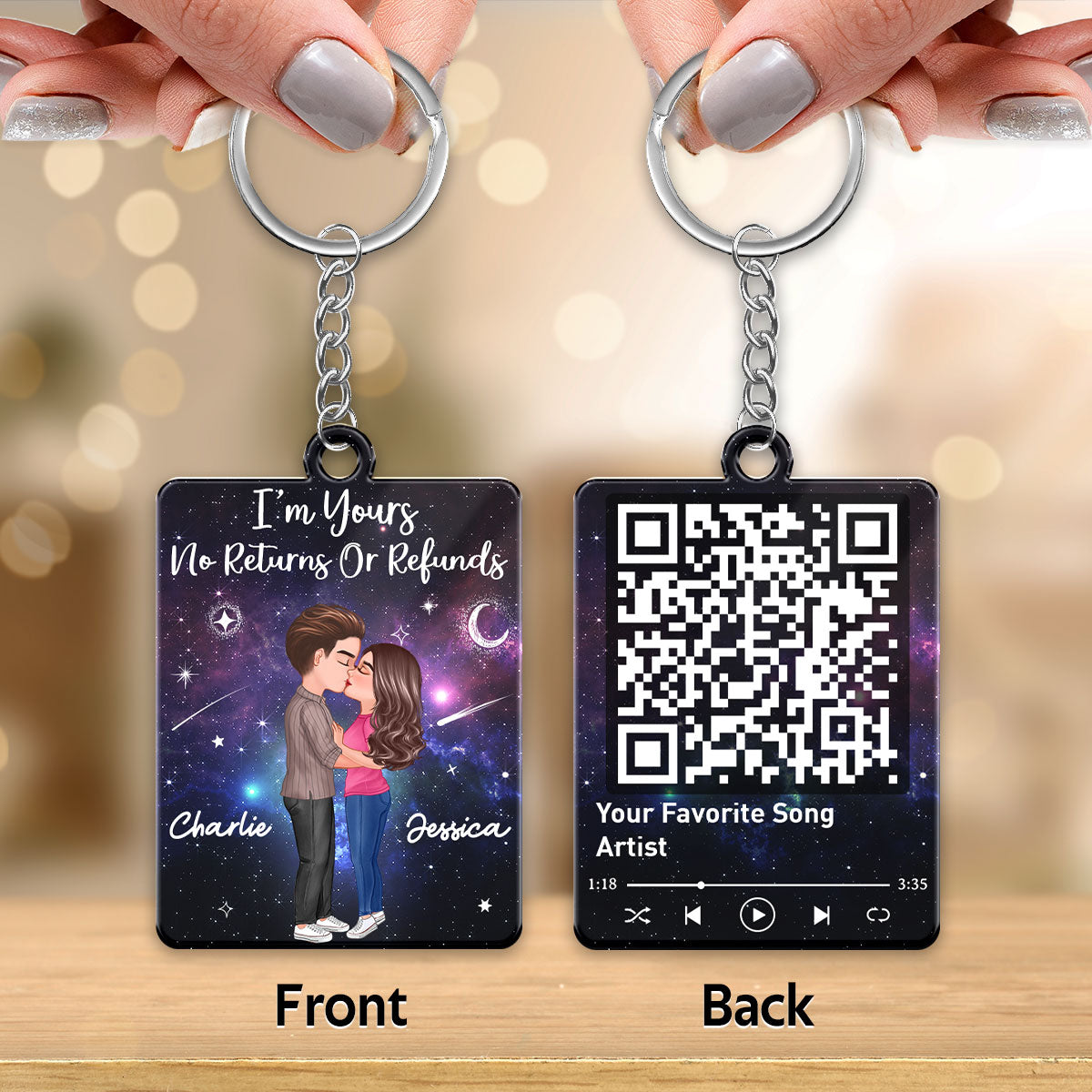 Doll Couple Kissing In Galaxy Night Favorite Song Scannable QR Code Personalized Acrylic Keychain