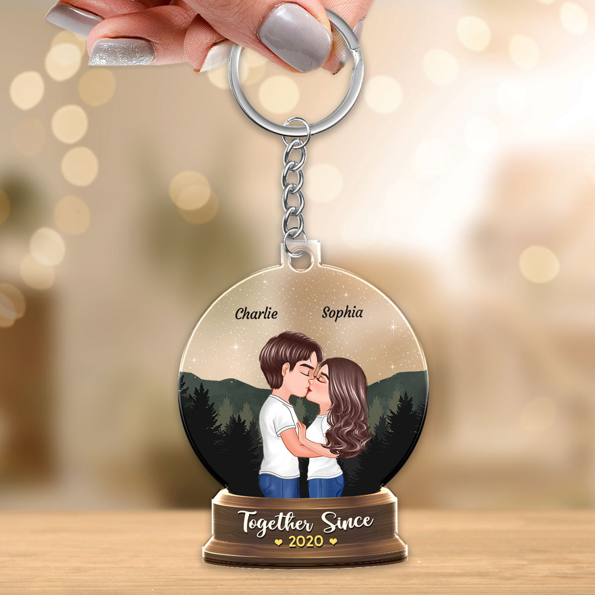 Couple Kissing Under Stars Sky Forest In Globe Personalized Acrylic Keychain