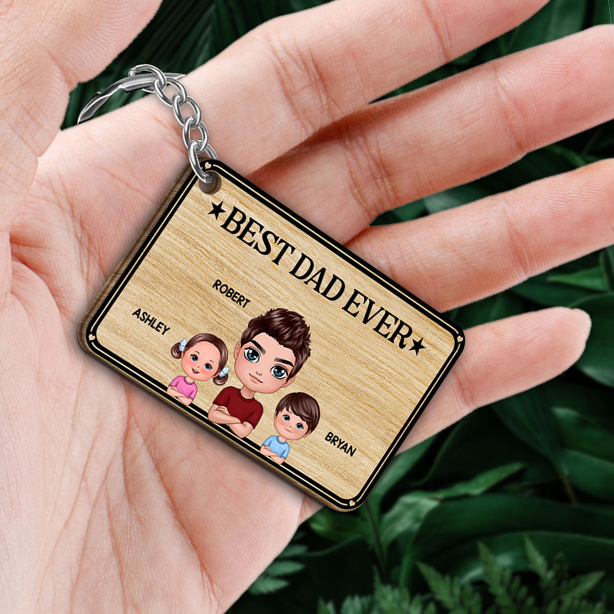 Best Dad Ever Heart Background Personalized Wooden Keychain