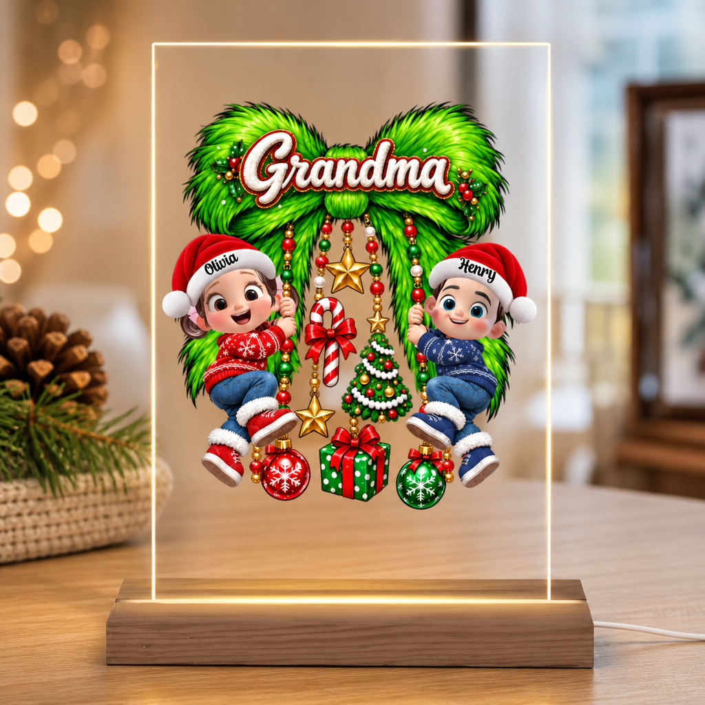 Cute Grandkids Green Bow Charm Personalized Plaque LED Night Light, Christmas Gift for Grandma, Mom or Wife