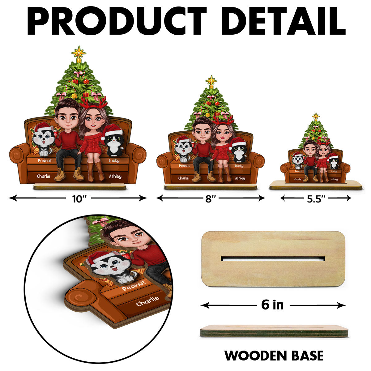 Christmas Couple With Dog Cat Sitting On Sofa Personalized 2 Layer Wooden Plaque