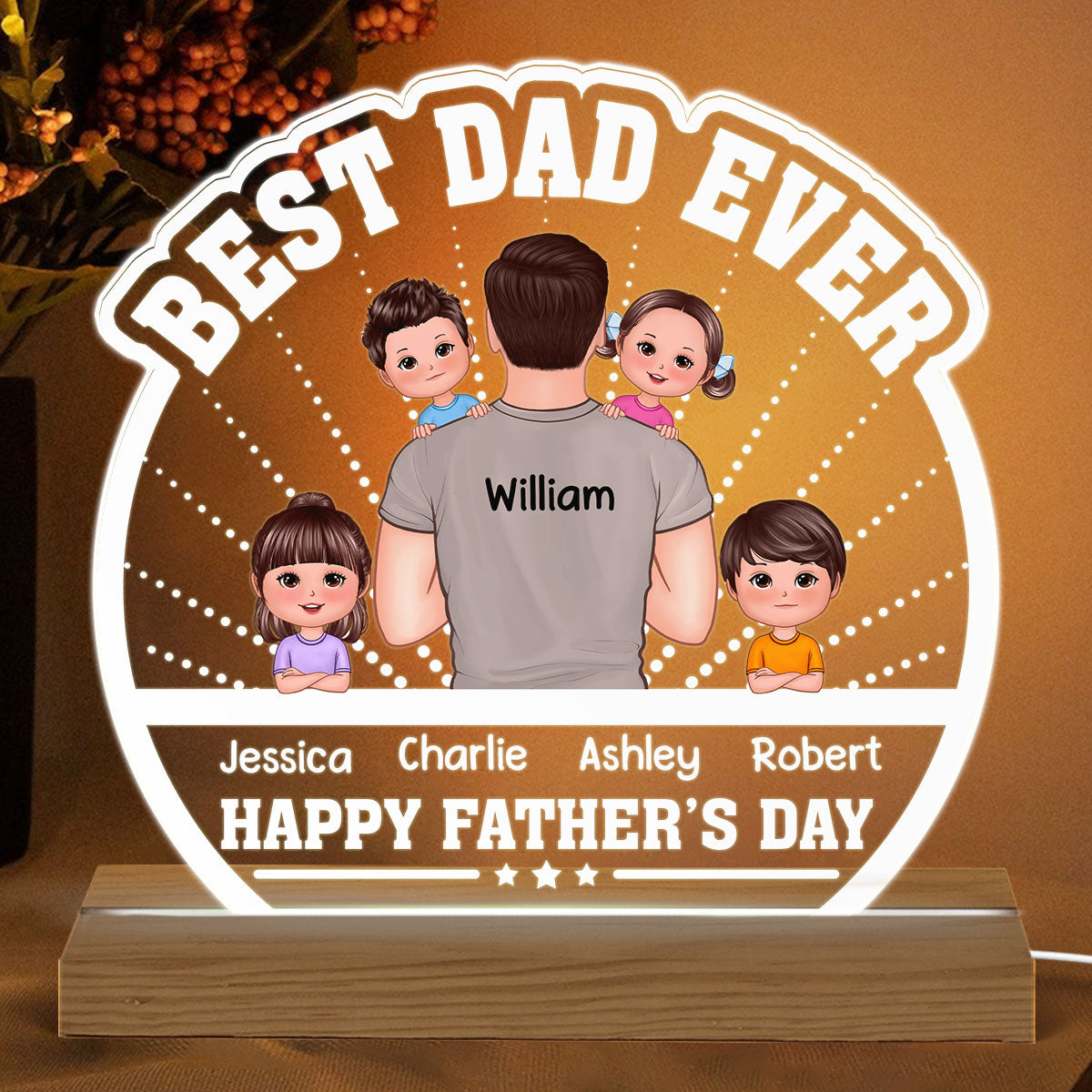 Best Dad Ever Back View Dad Holding Kids Personalized Custom Shaped Acrylic Plaque With Warm LED Night Light