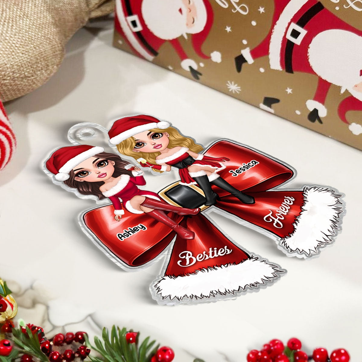 Pretty Christmas Besties Coquette Bow Personalized Acrylic Ornament