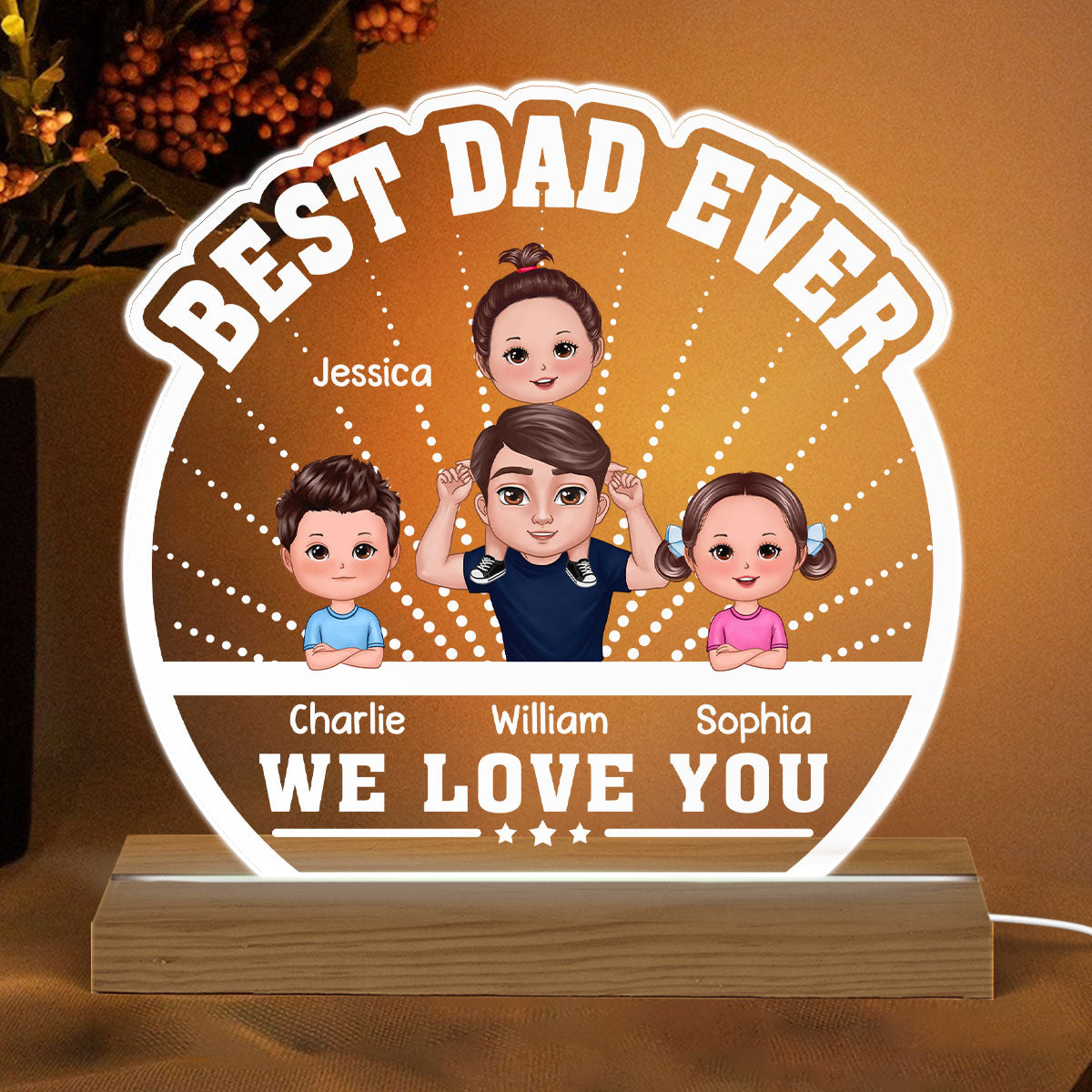 Best Dad Ever Piggyback Doll Dad & Kids Personalized Custom Shaped Acrylic Plaque With Warm LED Night Light