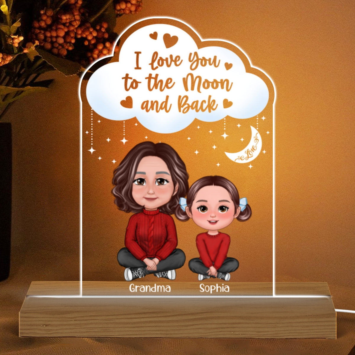 Doll Grandma Hugging Kid I Love You To The Moon And Back Gift For Granddaughter Grandson Personalized Custom Shape Acrylic Plaque LED Night Light