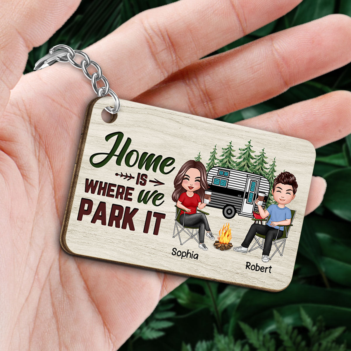 Home Is Where We Park It Couple Camping Personalized Wooden Keychain