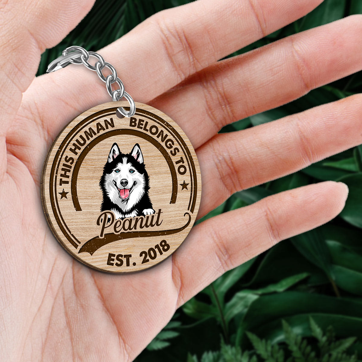 This Human Belongs To Peeking Dogs Personalized Wooden Keychain