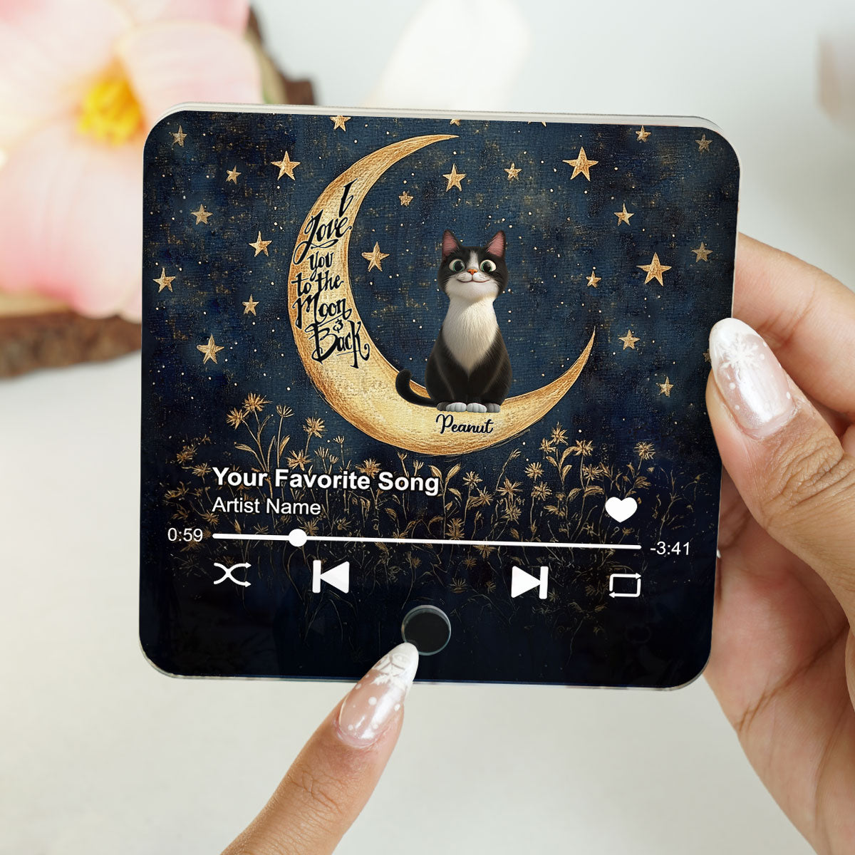 Cat Sitting On Moon Personalized Music Fridge Magnet, Gift for Cat Moms