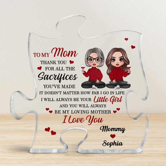 To My Mom Doll Mom And Daughter Sitting Gift For Mom Personalized Puzzle Acrylic Plaque