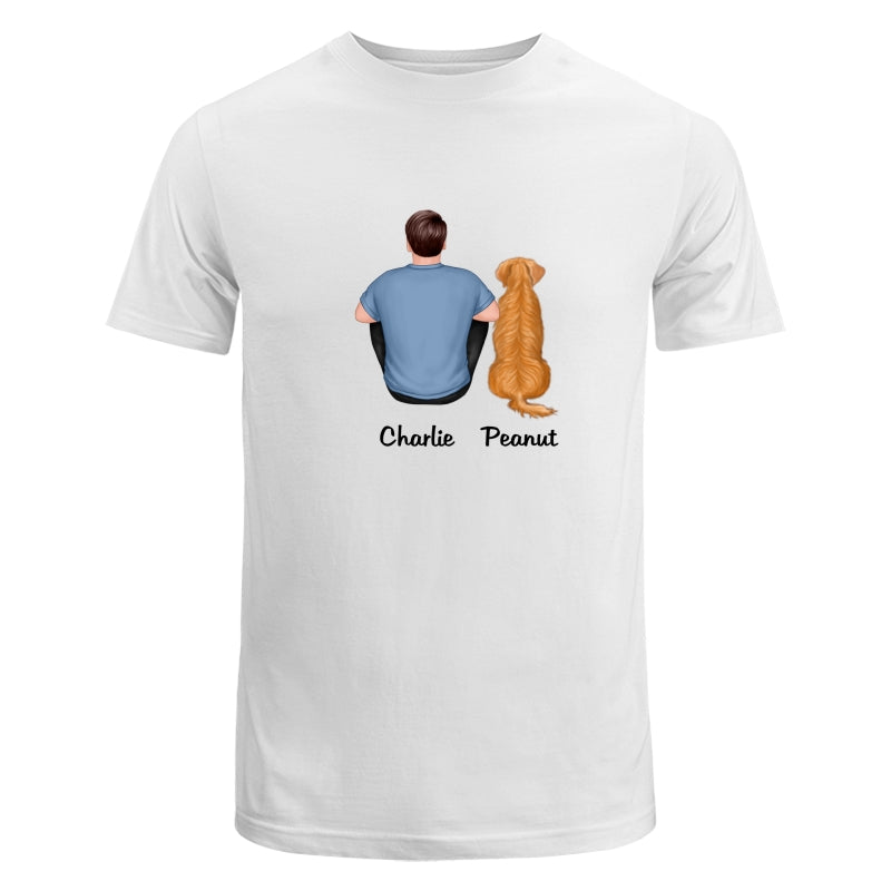 Back View Man Sitting With Dogs