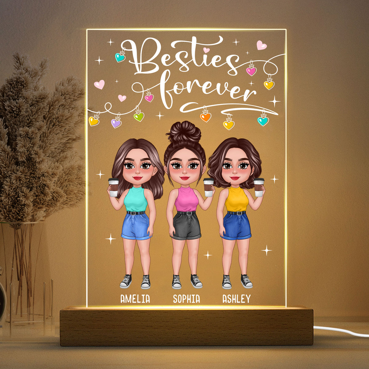 Standing Pretty Besties Sisters Light String Personalized Rectangle Acrylic LED Night Light