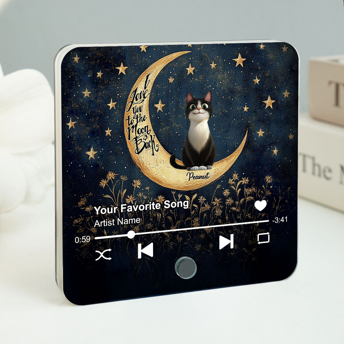 Cat Sitting On Moon Personalized Music Fridge Magnet, Gift for Cat Moms