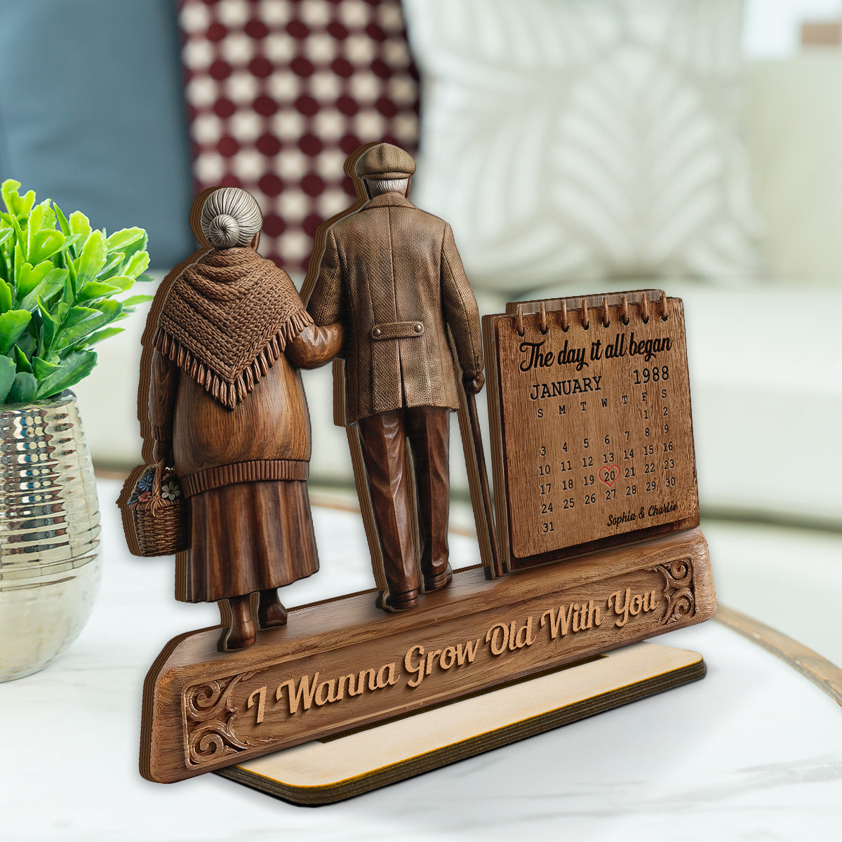 Old Couple Walking Side By Side Anniversary Date Calendar 2D Flat - Personalized 2-Layered Wooden Plaque