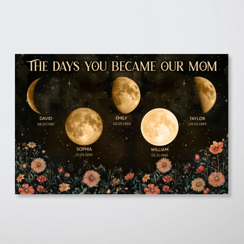 Copy of Vintage Flowers The Day You Become Mom Birth Moon Phase Personalized Poster, A Heartfelt Gift for Mom’s Birthday, Mother’s Day, or Just Because
