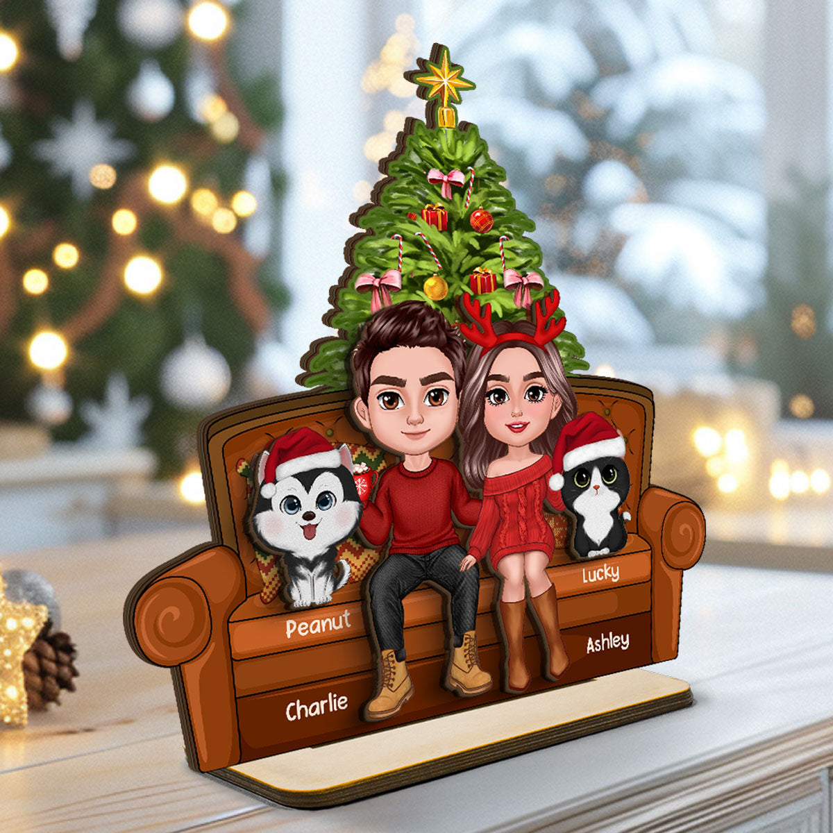 Christmas Couple With Dog Cat Sitting On Sofa Personalized 2 Layer Wooden Plaque