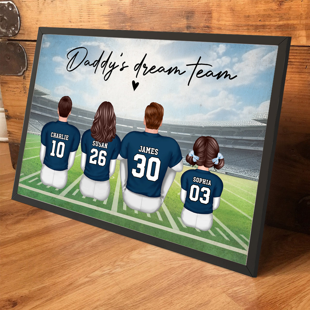 Daddy's Team American Football Family Sitting Personalized Poster, Father's Day Gift For Dad, Grandpa, Husband