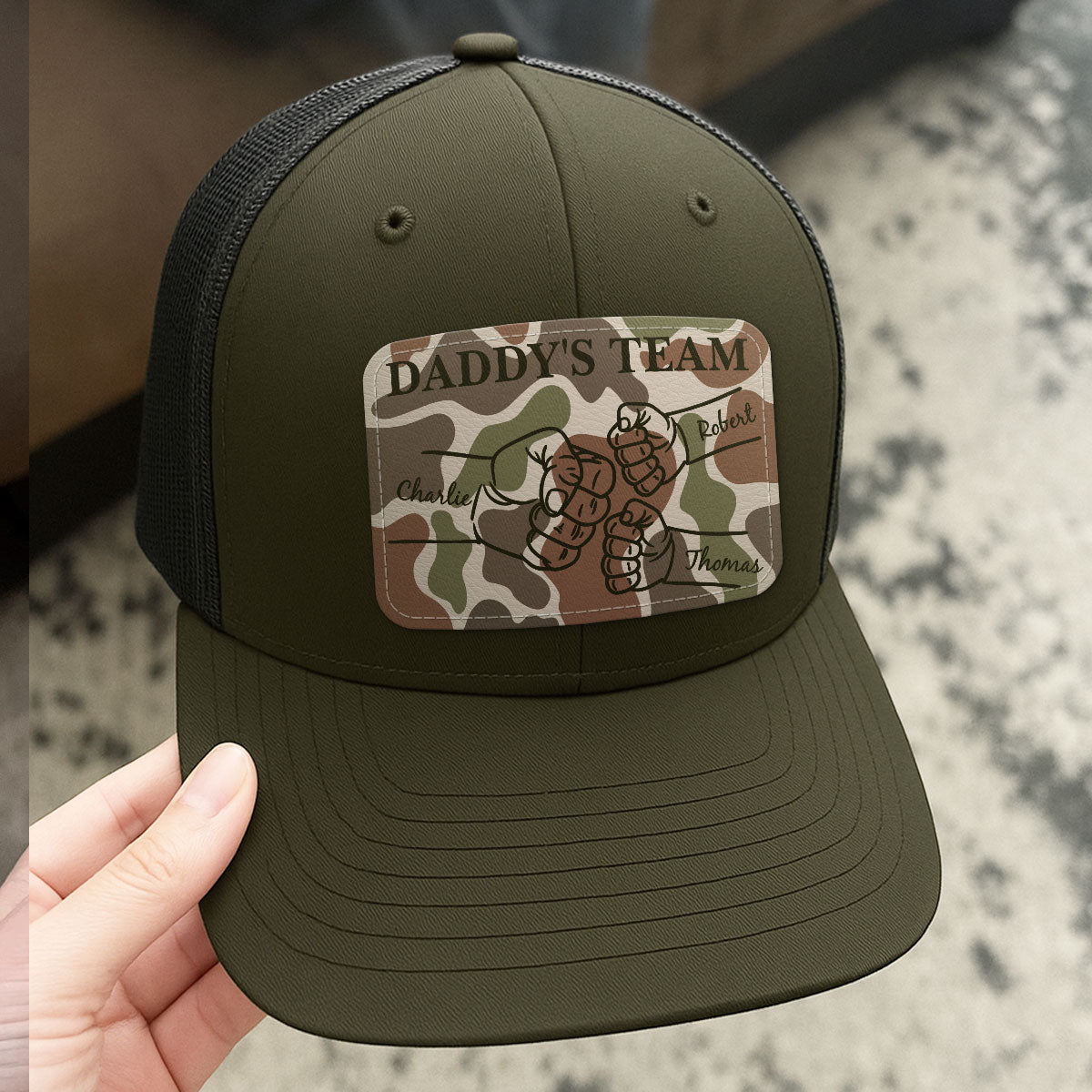 Dad Camouflage Pattern Fist Bump Outline Personalized Leather Patch Hat