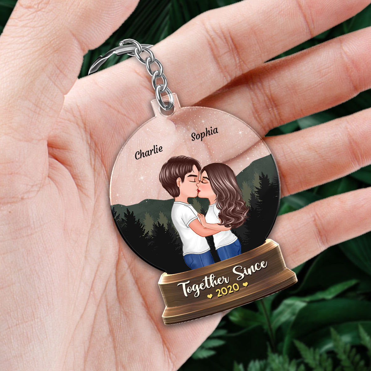 Couple Kissing Under Stars Sky Forest In Globe Personalized Acrylic Keychain