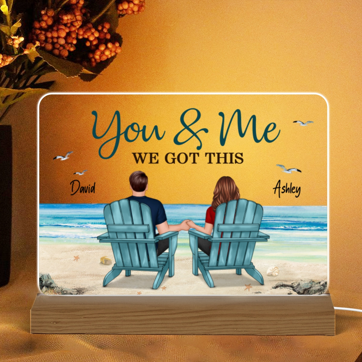 Back View Couple Sitting Beach Landscape Personalized Custom Shape Acrylic Plaque LED Night Light