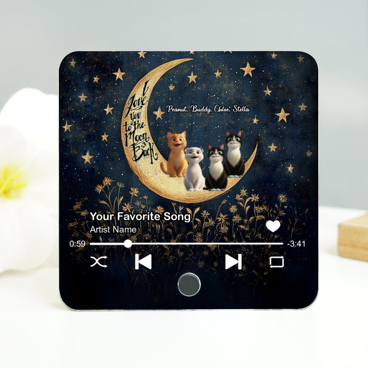 Cat Sitting On Moon Personalized Music Fridge Magnet, Gift for Cat Moms