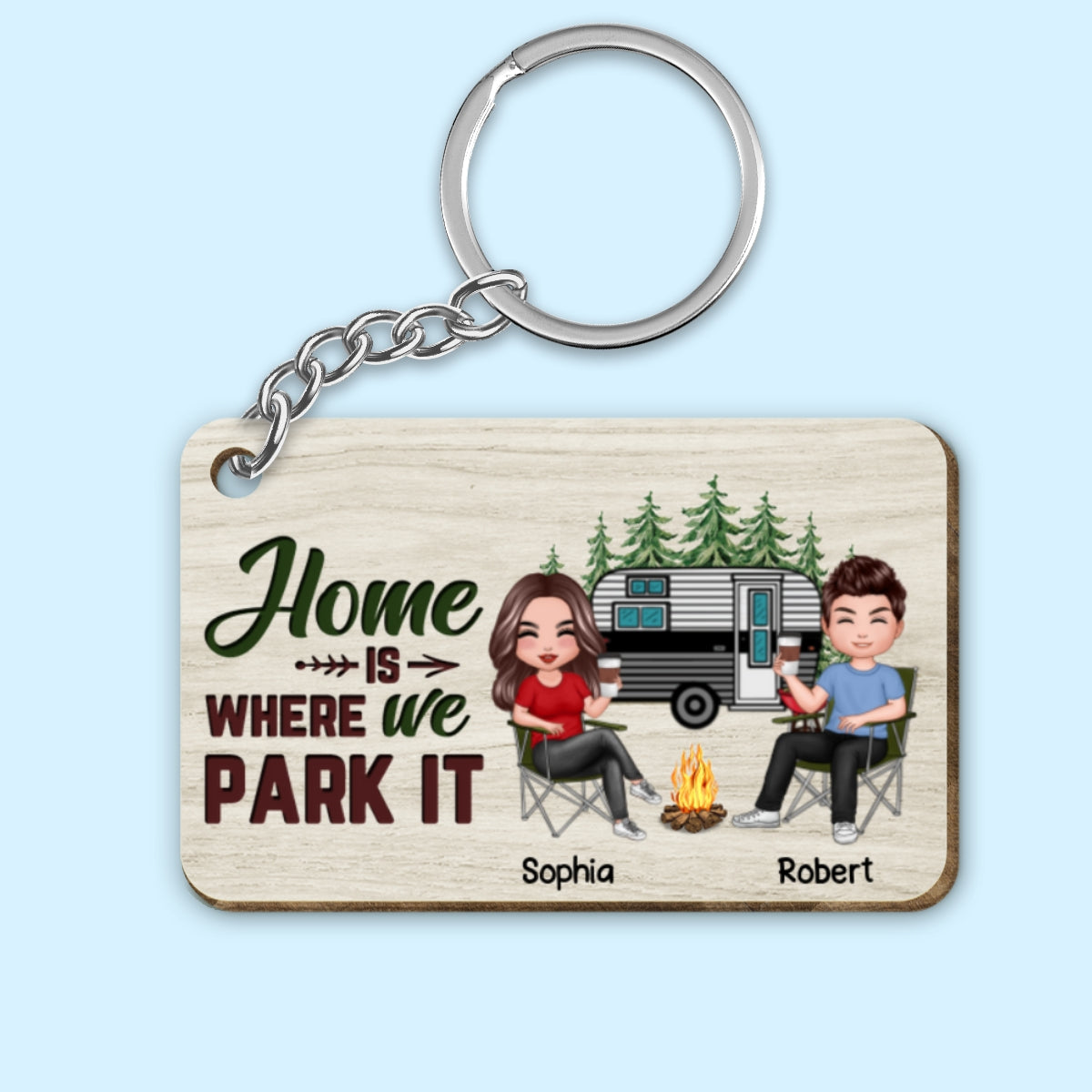 Home Is Where We Park It Couple Camping Personalized Wooden Keychain