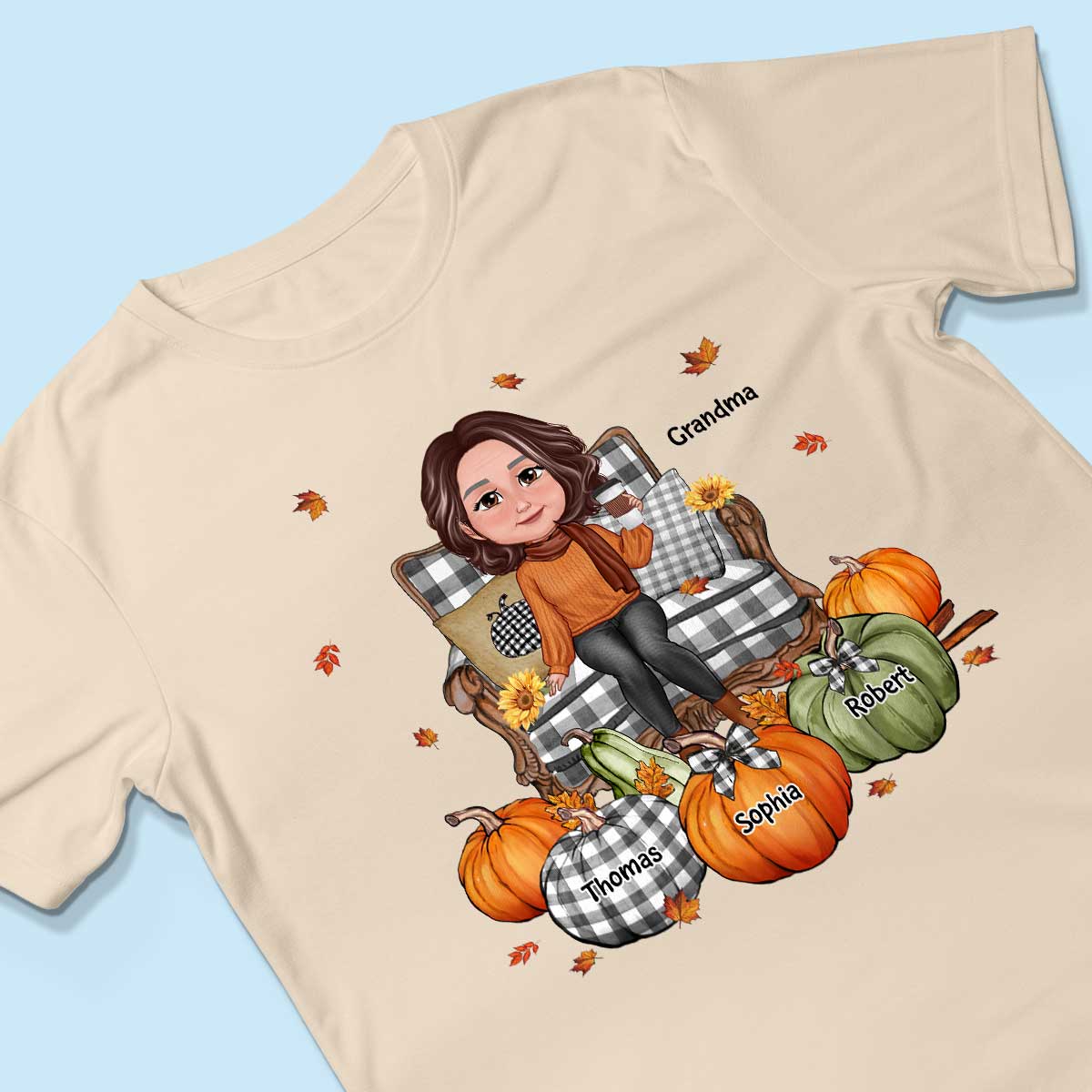 Grandma Sitting On Chair Pumpkins Personalized Shirt
