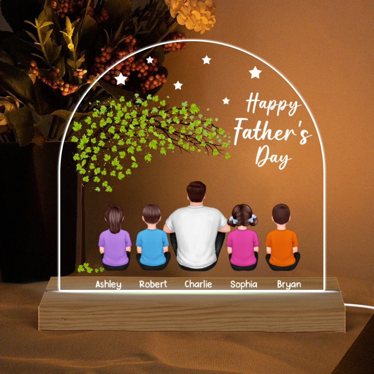 Happy Father‘s Day Dad And Kids Sitting Under Tree Personalized Custom Shape Warm LED Night Light