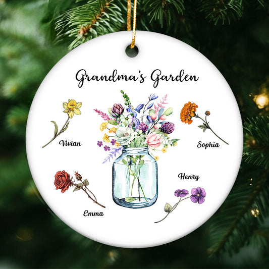 Grandma Garden Birth Month Flowers Vase Personalized Circle Ceramic Ornament, Christmas Gift for Grandma
