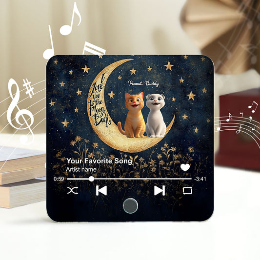 Cat Sitting On Moon Personalized Music Fridge Magnet, Gift for Cat Moms