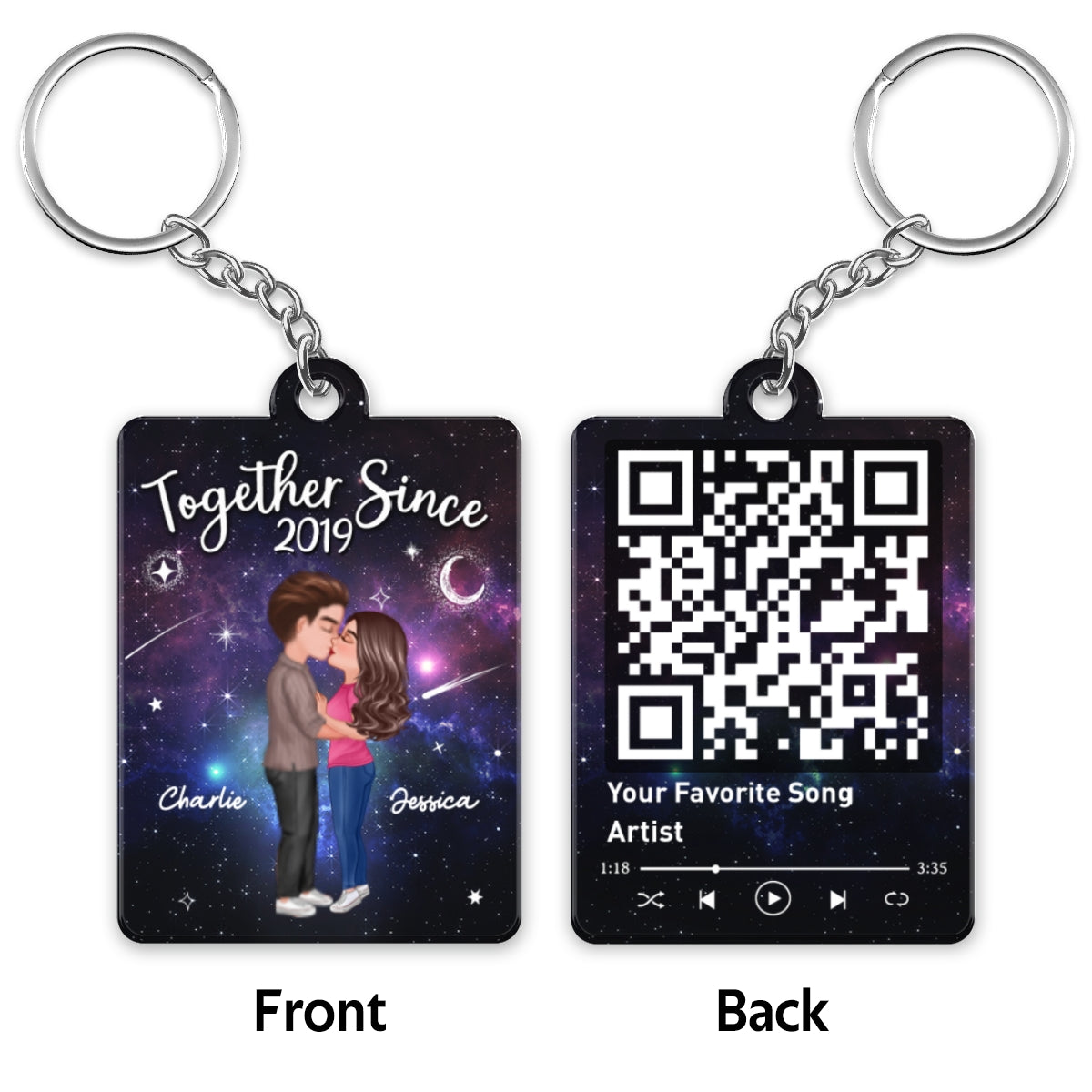 Doll Couple Kissing In Galaxy Night Favorite Song Scannable QR Code Personalized Acrylic Keychain