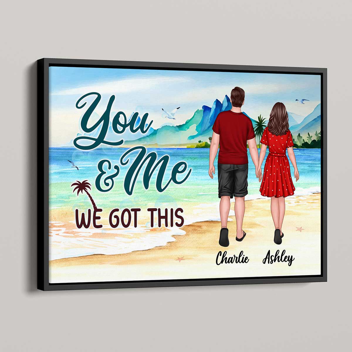 Couple Holding Hands Walking On Beach Personalized Horizontal Poster
