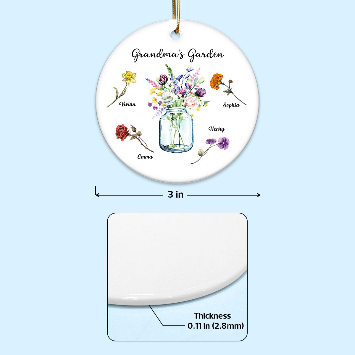 Grandma Garden Birth Month Flowers Vase Personalized Circle Ceramic Ornament, Christmas Gift for Grandma