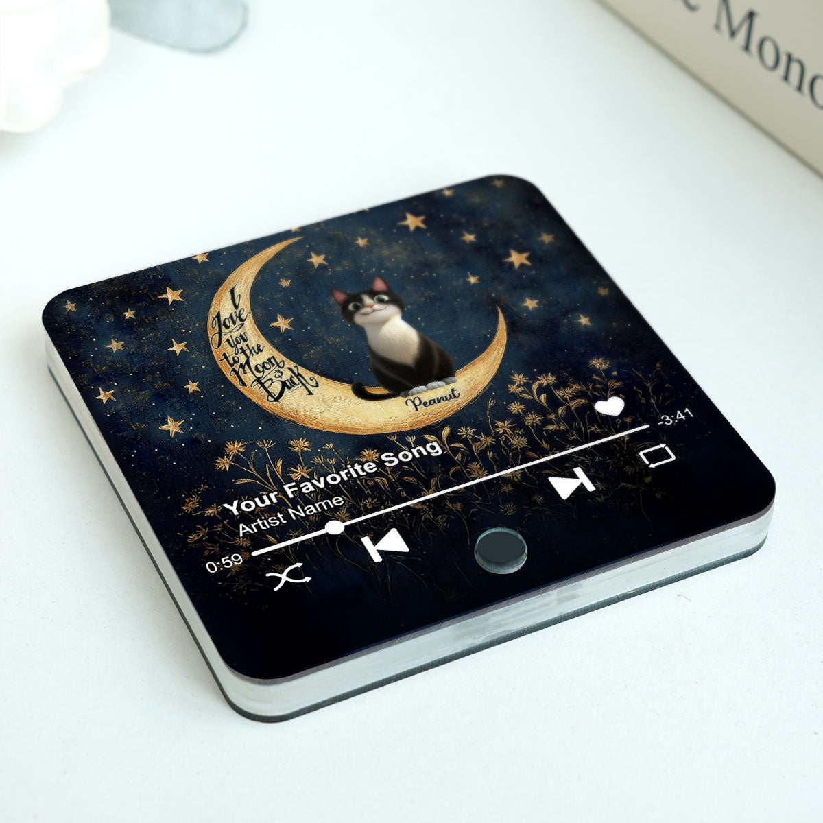 Cat Sitting On Moon Personalized Music Fridge Magnet, Gift for Cat Moms