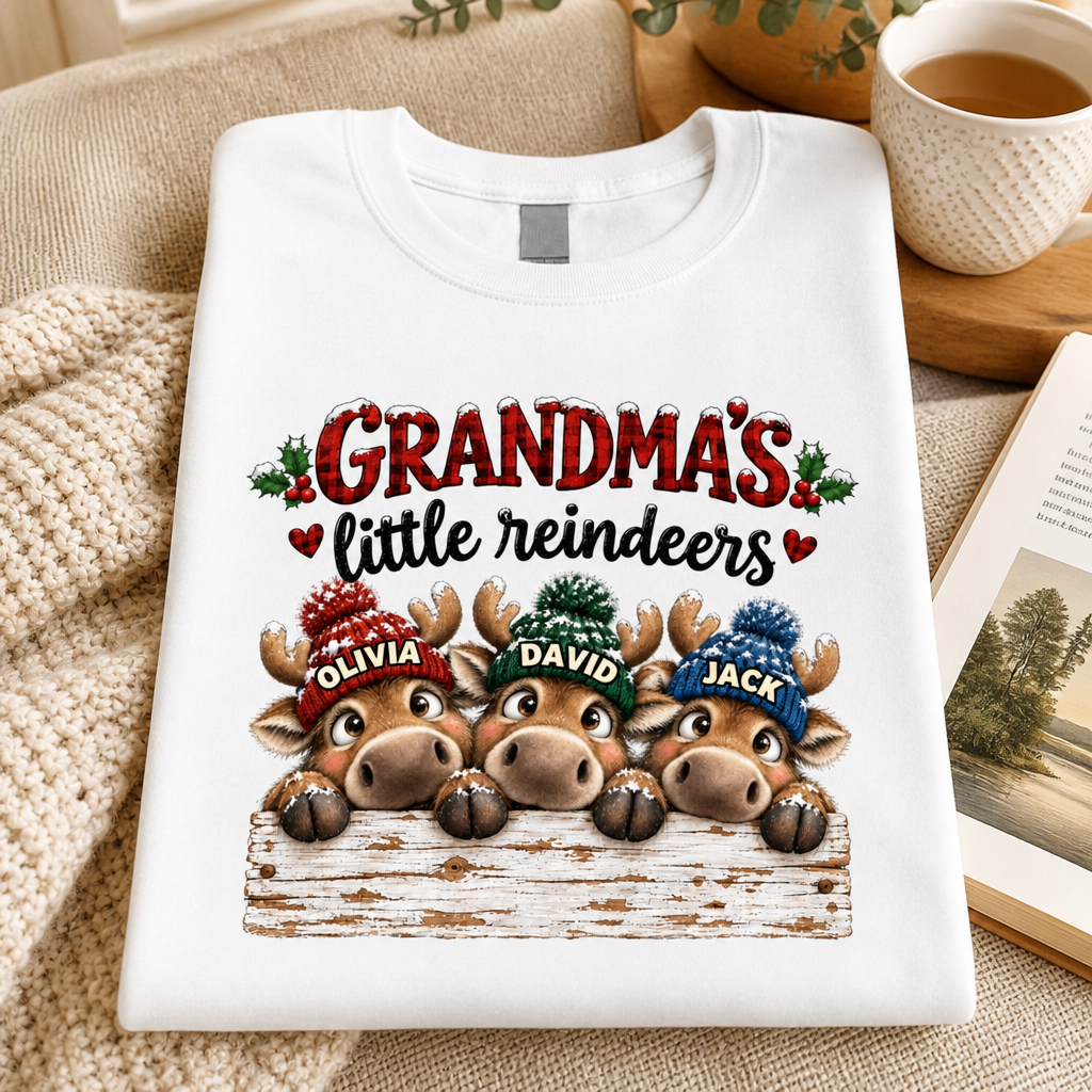 Grandma's Cute Peeking Reindeer Personalized Classic Tee, Christmas Gift for Grandma, Mom or Wife