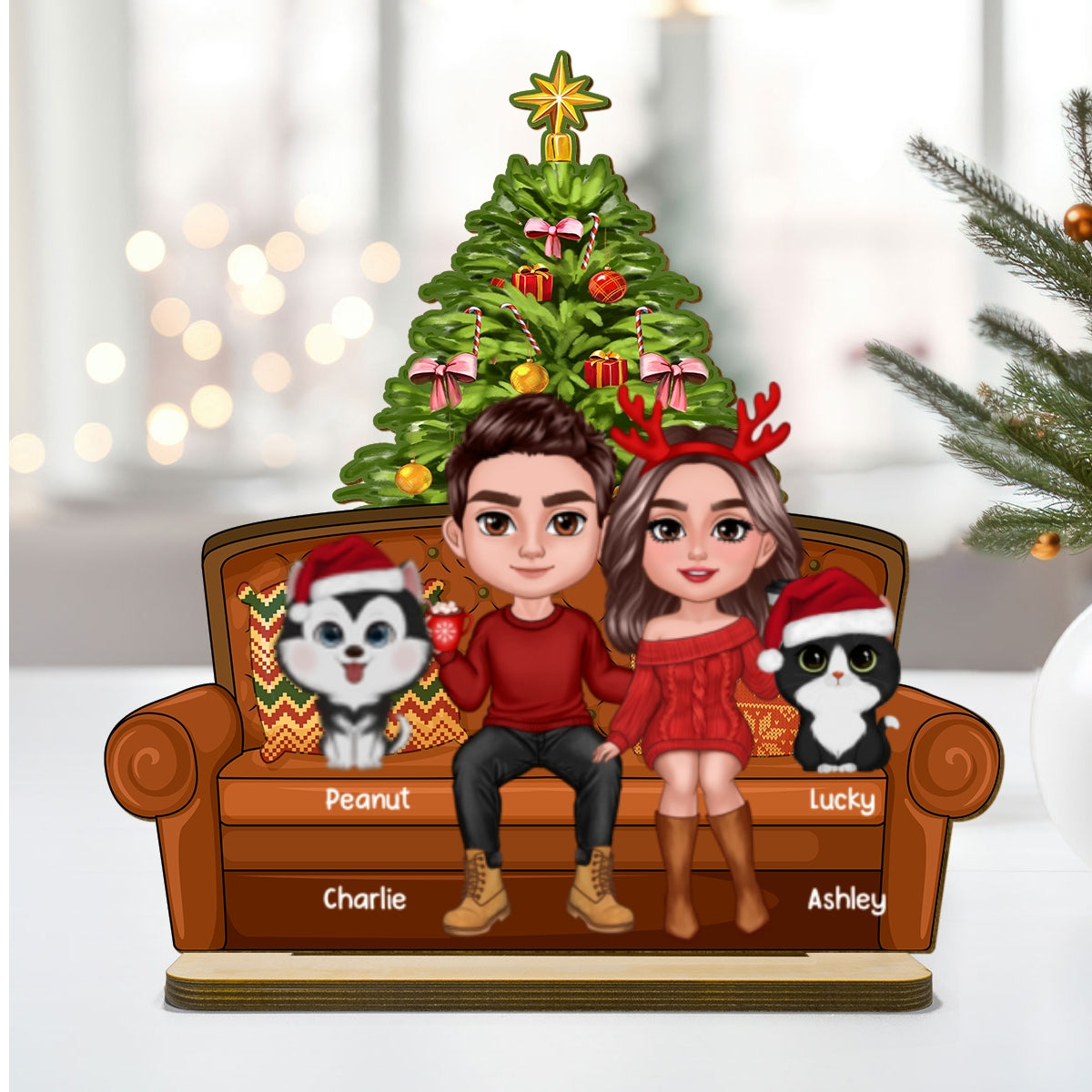Christmas Couple With Dog Cat Sitting On Sofa Personalized 2 Layer Wooden Plaque