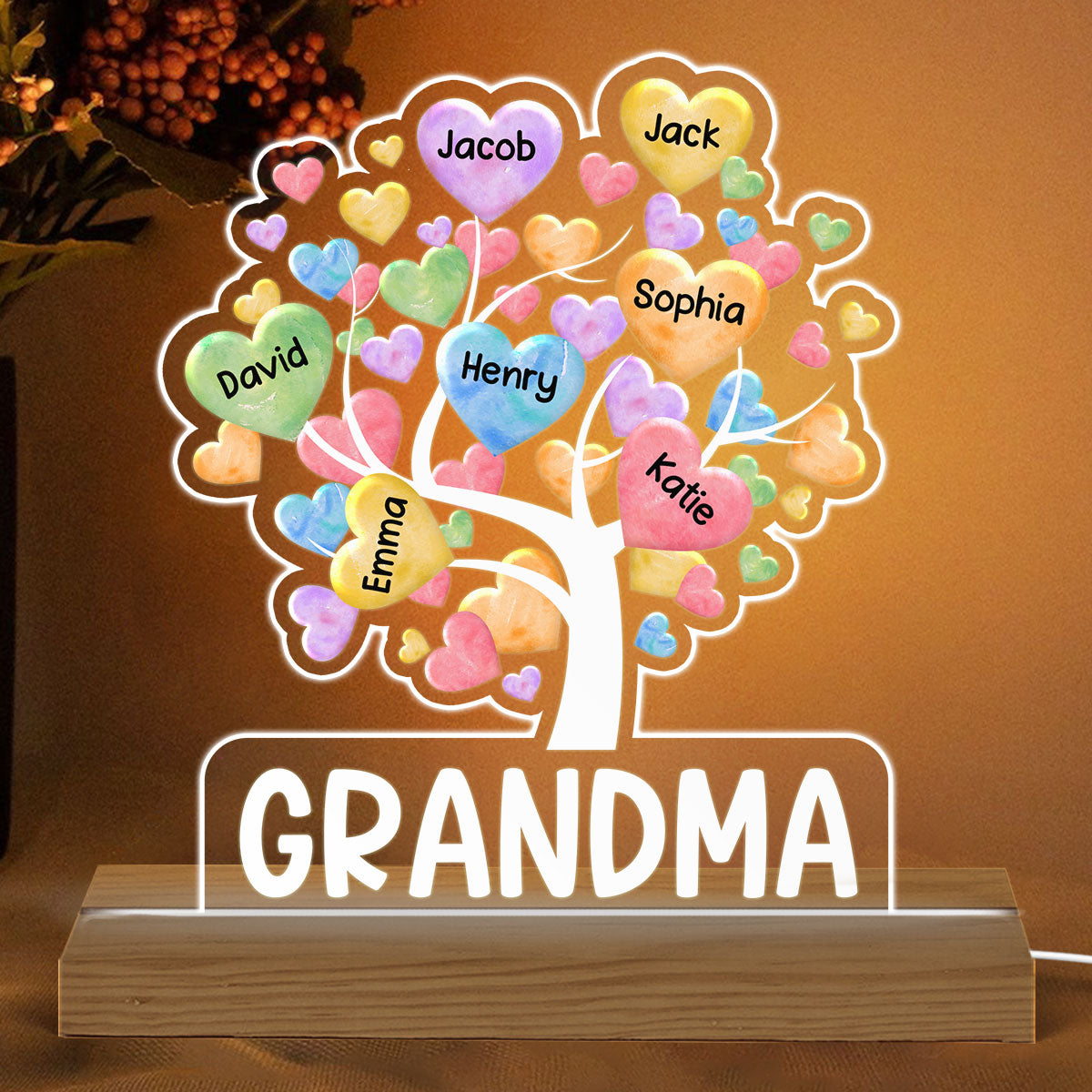 Colorful Heart Tree Grandma Grandkids Name Personalized Custom Shaped Acrylic Plaque With Warm LED Night Light