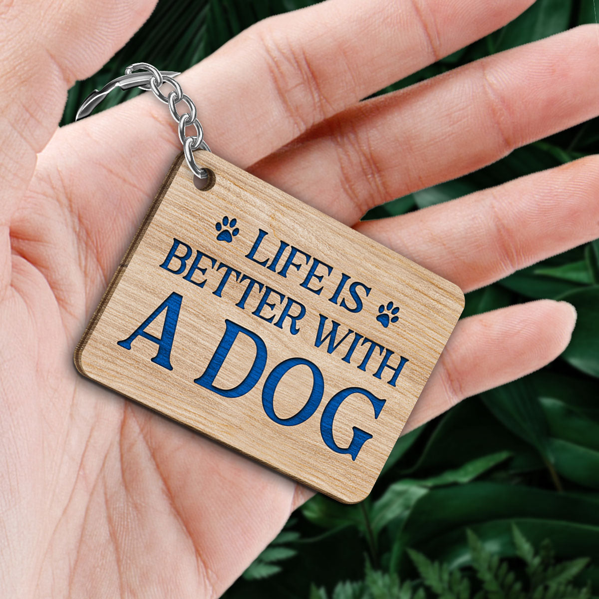 Dog Dad Back View Man And Dogs Sitting Under Blue Tree Personalized Wooden Keychain