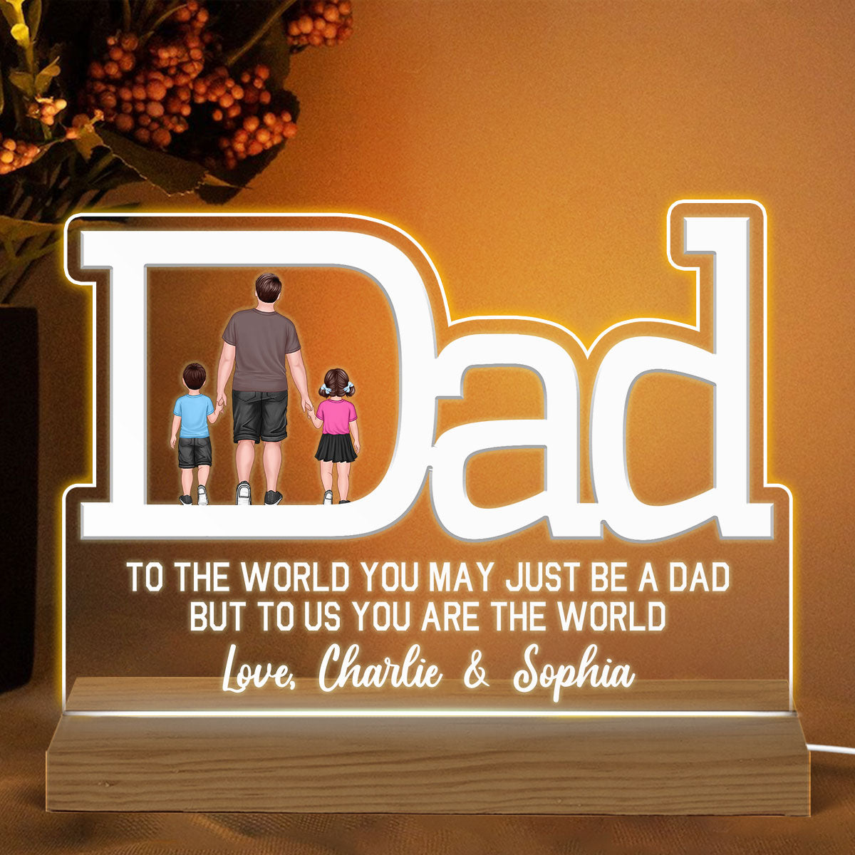 Dad Shape Back View Walking Dad & Kid Personalized Custom Shaped Acrylic Plaque With Warm LED Night Light