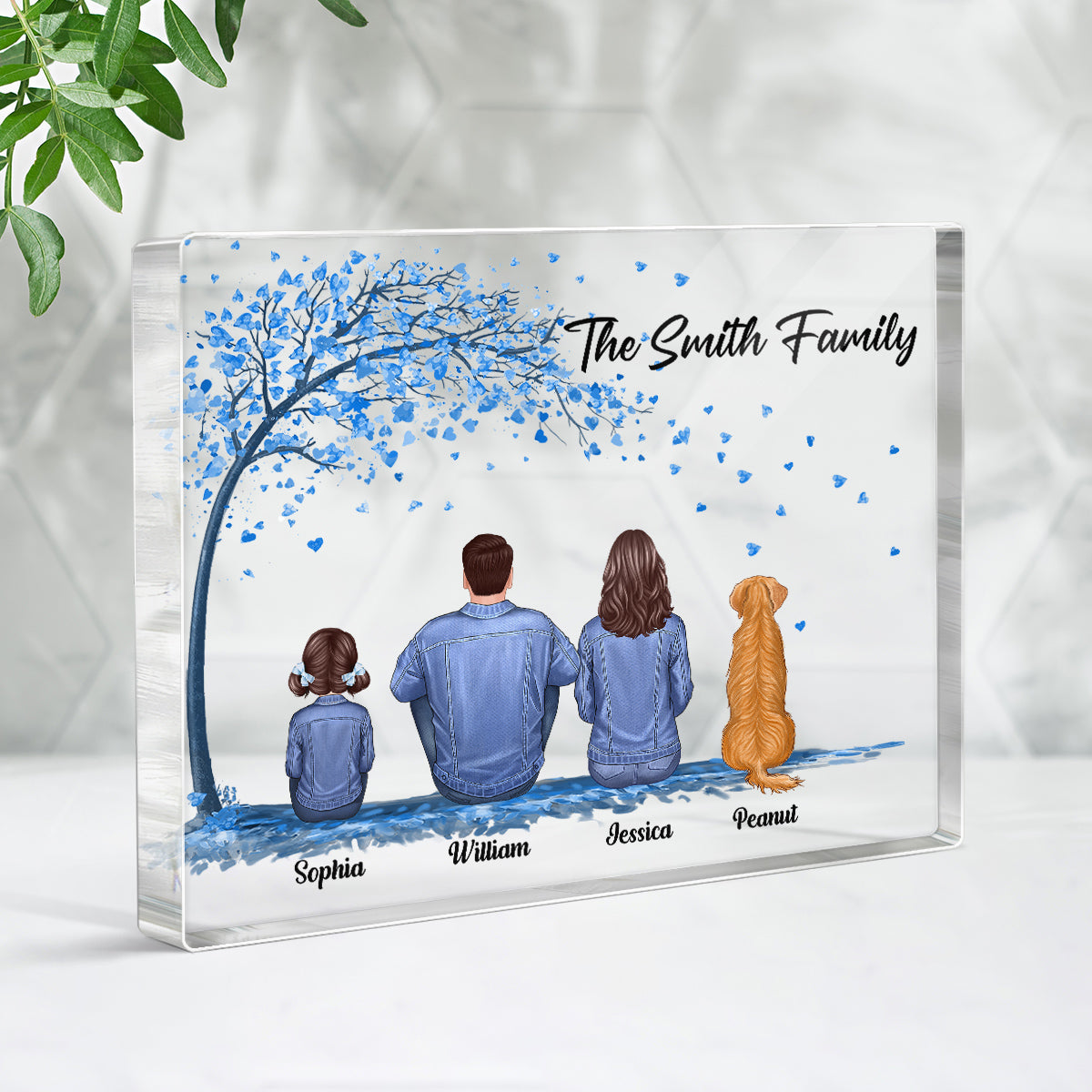 Denim Jacket Family Sitting Under Blue Tree Personalized Rectangle Acrylic Block Plaque