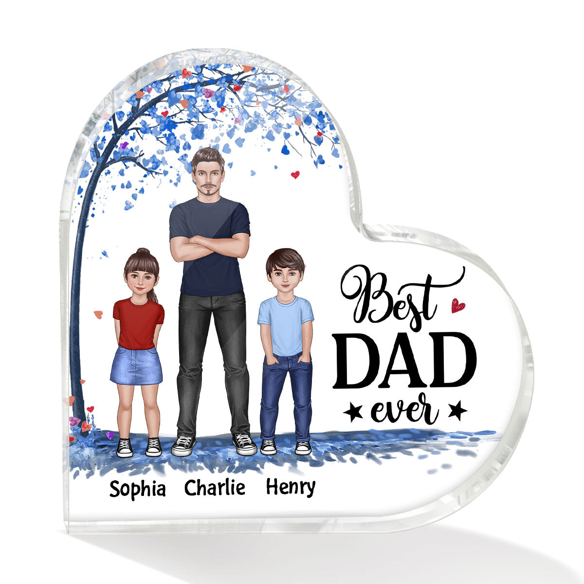 Dad And Kids Standing Front View Under Blue Tree Personalized Heart Acrylic Plaque