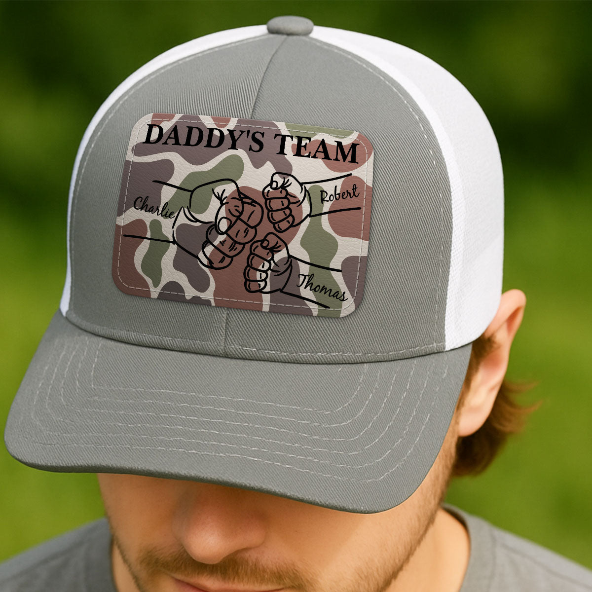 Dad Camouflage Pattern Fist Bump Outline Personalized Leather Patch Hat