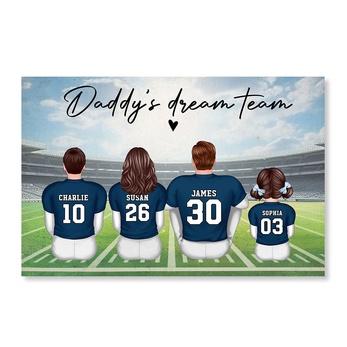 Daddy's Team American Football Family Sitting Personalized Poster, Father's Day Gift For Dad, Grandpa, Husband