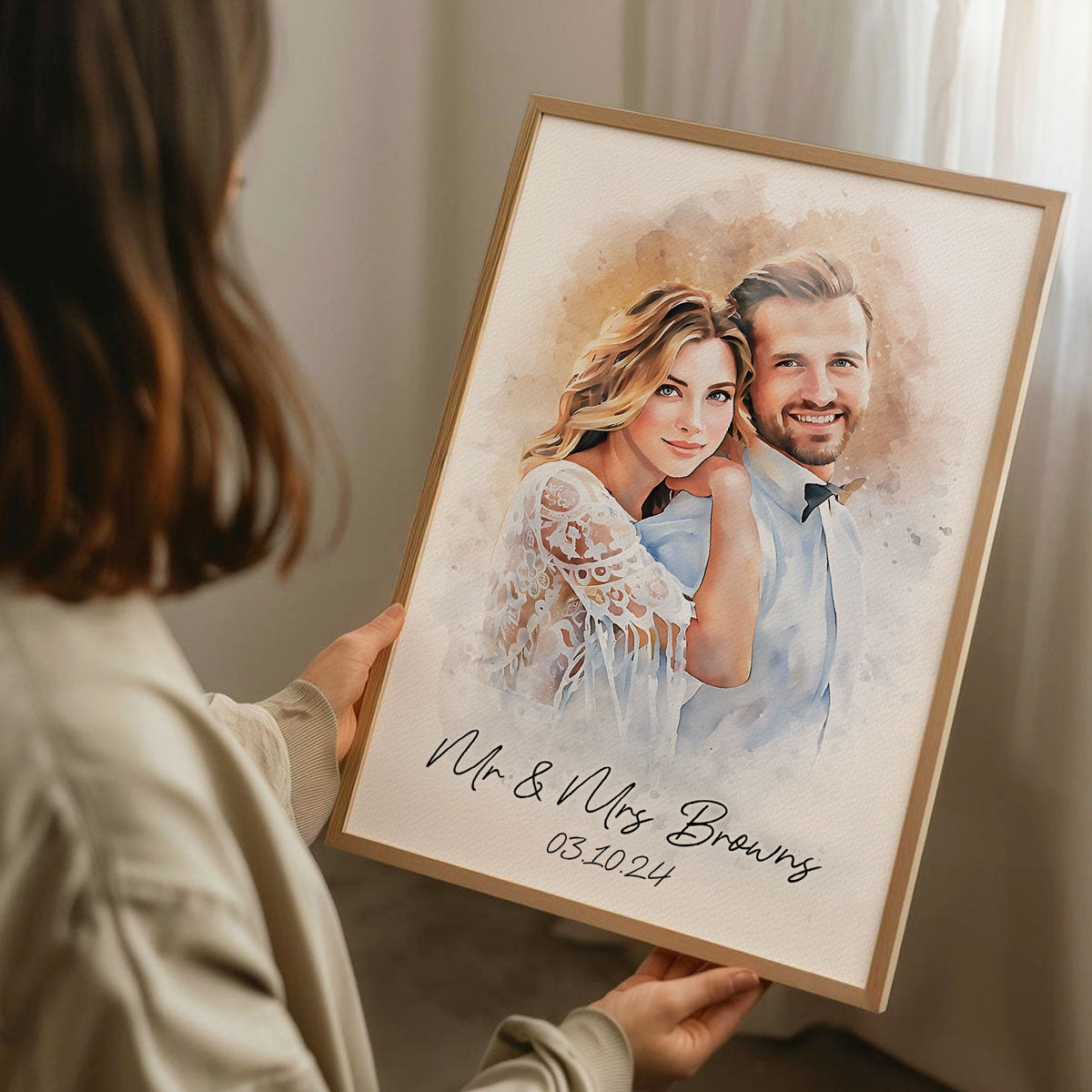 Watercolor Couple Portrait from Photo, Custom Wedding Anniversary Christmas Gift for Wife Husband Parents, Engagement Gift for Friend, Unique Wall Art
