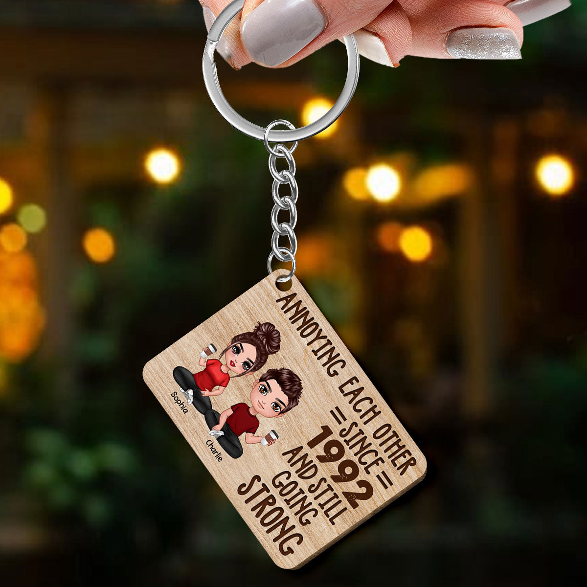 Doll Couple Annoying Each Other Personalized Wooden Keychain