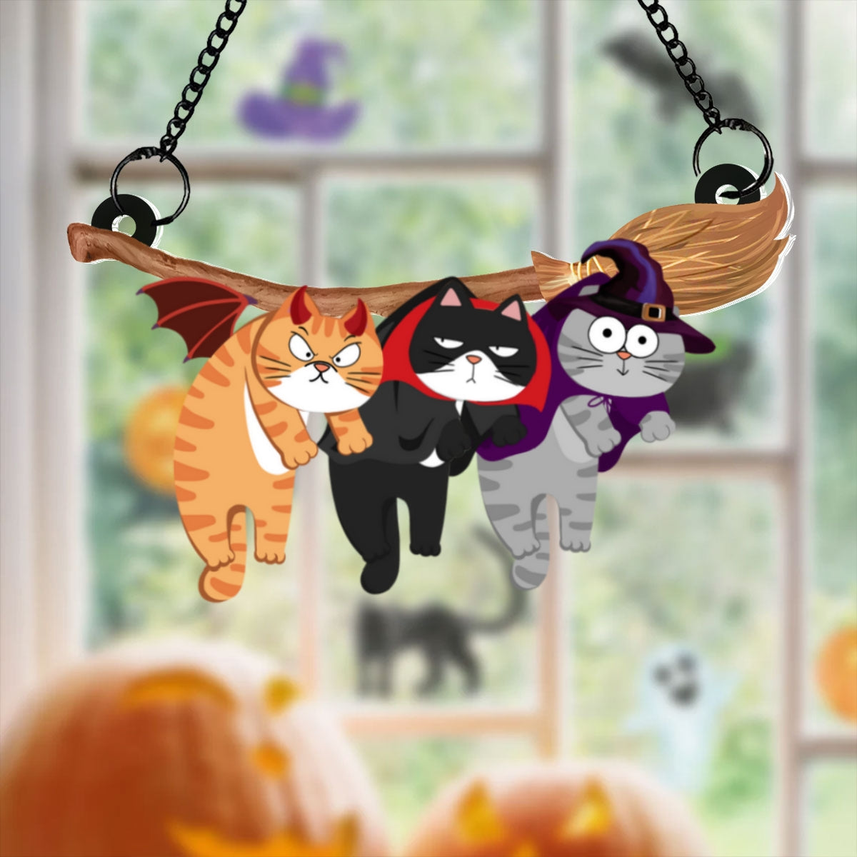 Naughty Cats Hanging On Halloween Broom Personalized Suncatcher, Halloween Decor