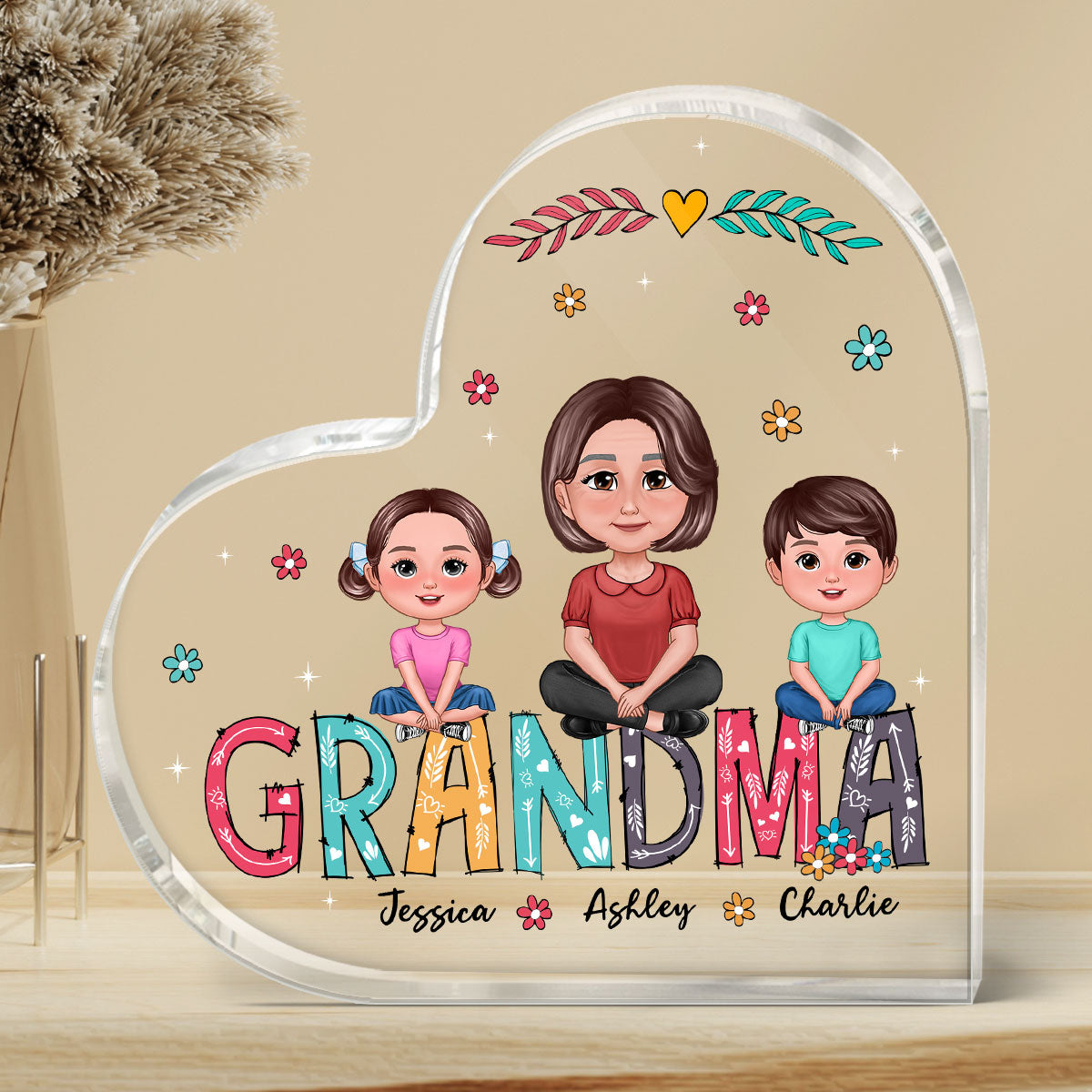 Pretty Doll Grandma And Kids Sitting On Colorful Text Personalized Heart Acrylic Plaque