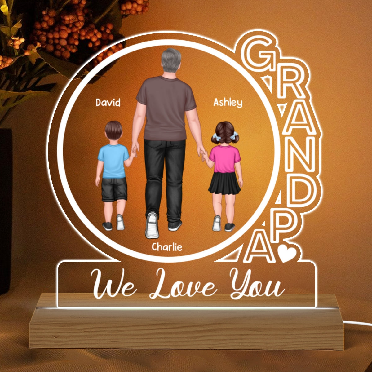 Grandpa We Love You Back View Walking Man & Kids Personalized Custom Shape Acrylic Plaque With Warm LED Night Light